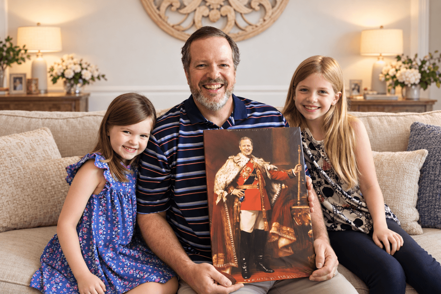 A father smiling with his two daughters while holding his personalized King canvas